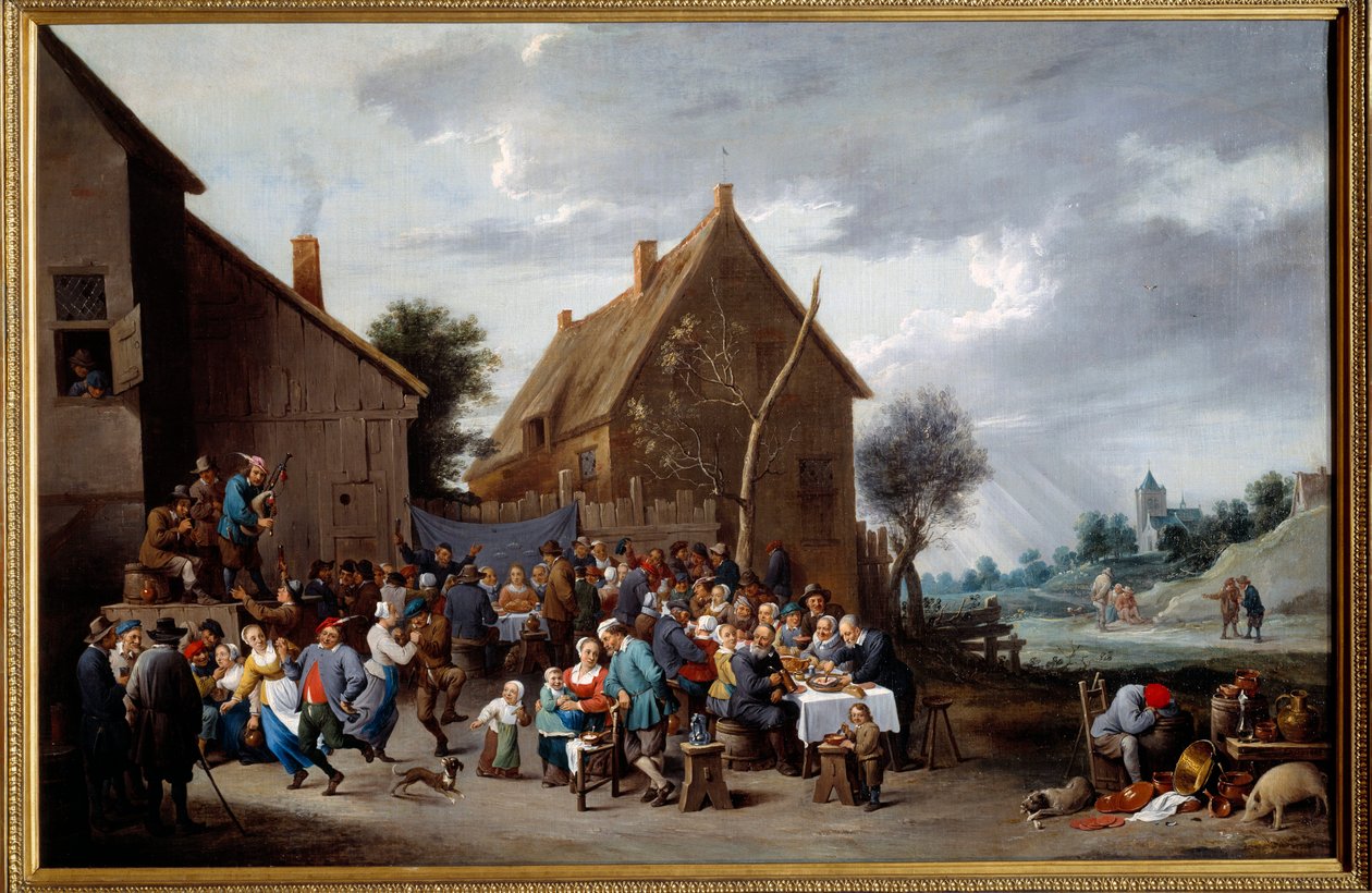 Landsbybryllupet. Maleri tilskrevet David Teniers II dit Le Jeune (1610-1690) Ec. Flam. av David Teniers the Younger