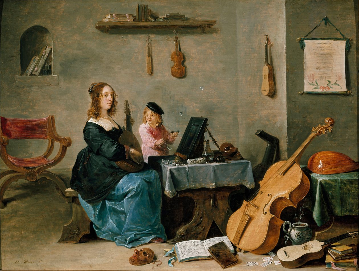 Kona og sønnen til maleren Portrett av kunstnerens familie, den unge kvinnen spiller musikk i et rom fylt med instrumenter mens barnet lager såpebobler. Maleri av David Teniers den unge (1610-1690) Torino Galleria Sabauda Italia fra 1600-tallet av David Teniers the Younger