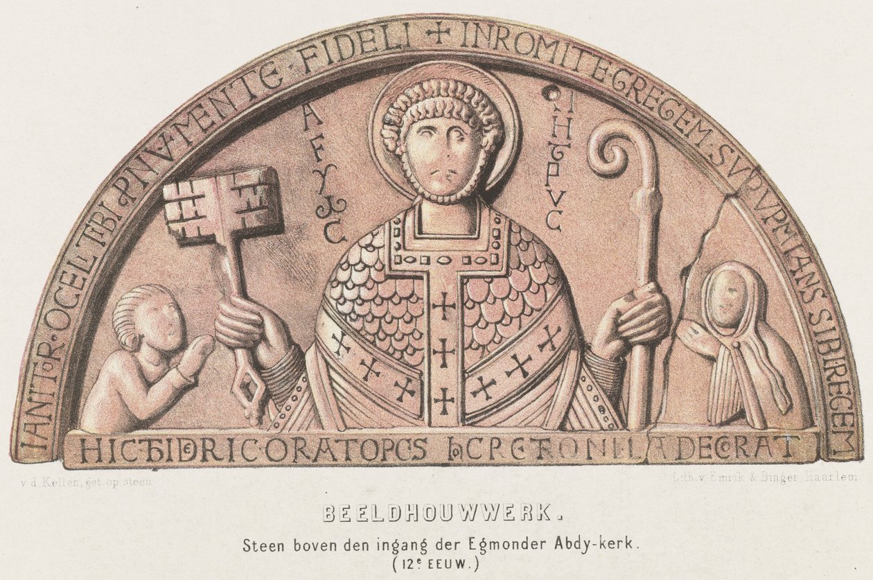 Tympaan van Egmond: buetromme med Petrus, grev Dirk VI av Holland og hans mor grevinne Petronella, ca. 1120 Skulptur. Stein over inngangen til Egmonder Abdy kirke (1100-tallet) (tittel på objekt) av David van der Kellen