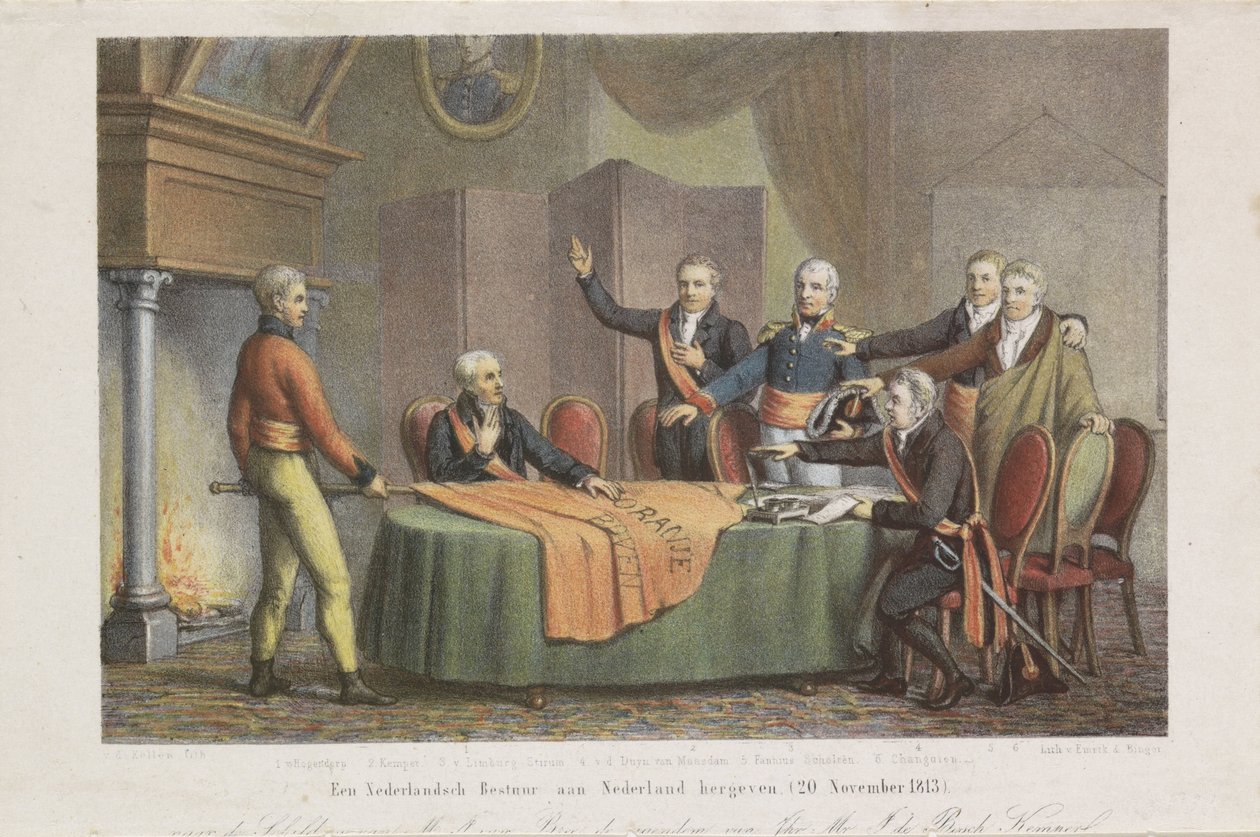 Aksept av den høye regjeringen av triumviratet i navnet til prinsen av Orange, 21. november 1813 Gjenopprett en nederlandsk regjering til Nederland. (20. november 1813) (tittel på objekt) av David van der Kellen