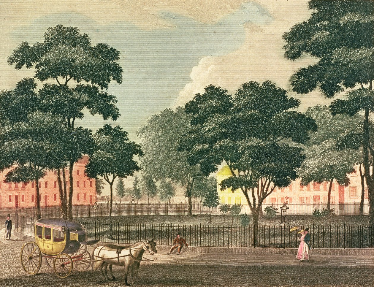 Utsikt over Bowling-Green, Broadway, tegnet og gravert for New York Mirror, 1830 (fargegravering) av Davis