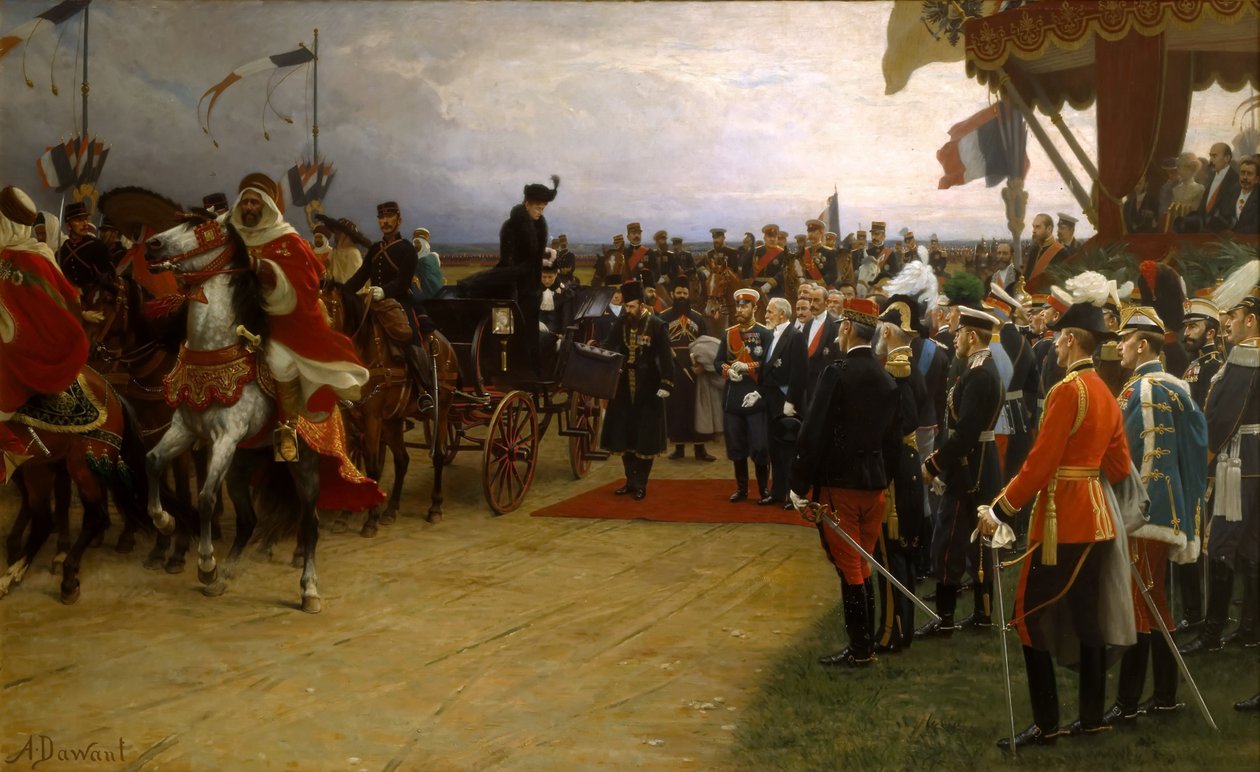President Emile Loubet ønsker tsar Nicolas II og tsarina Alexandra velkommen til manøvrene ved Betheny, av Dawant