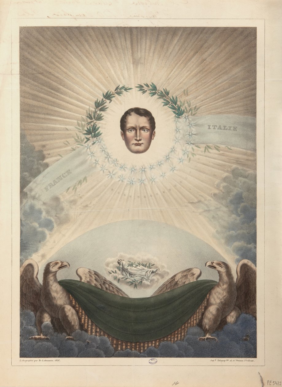 Allegori om Napoleon omgitt av en laurbærkrans og en stjerne, og under, Napoleon i døden pakket inn i et likklede, 1828 av De Labarussias