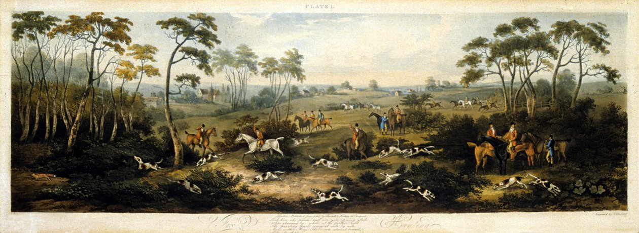 Revejakt, plate 1, gravert av Thomas Sutherland (1785-1838) 1817 (farge litho) av Dean Snr. (after) Wolstenholme