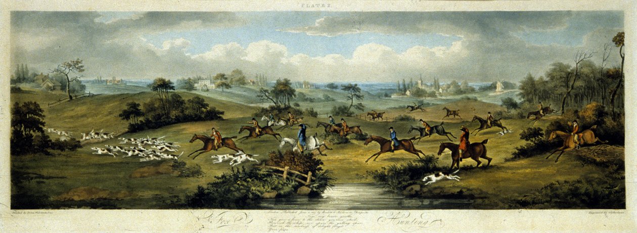 Foxhunting, plate 2, gravert av Thomas Sutherland (1785-1838) 1817 (farge litho) av Dean Snr. (after) Wolstenholme