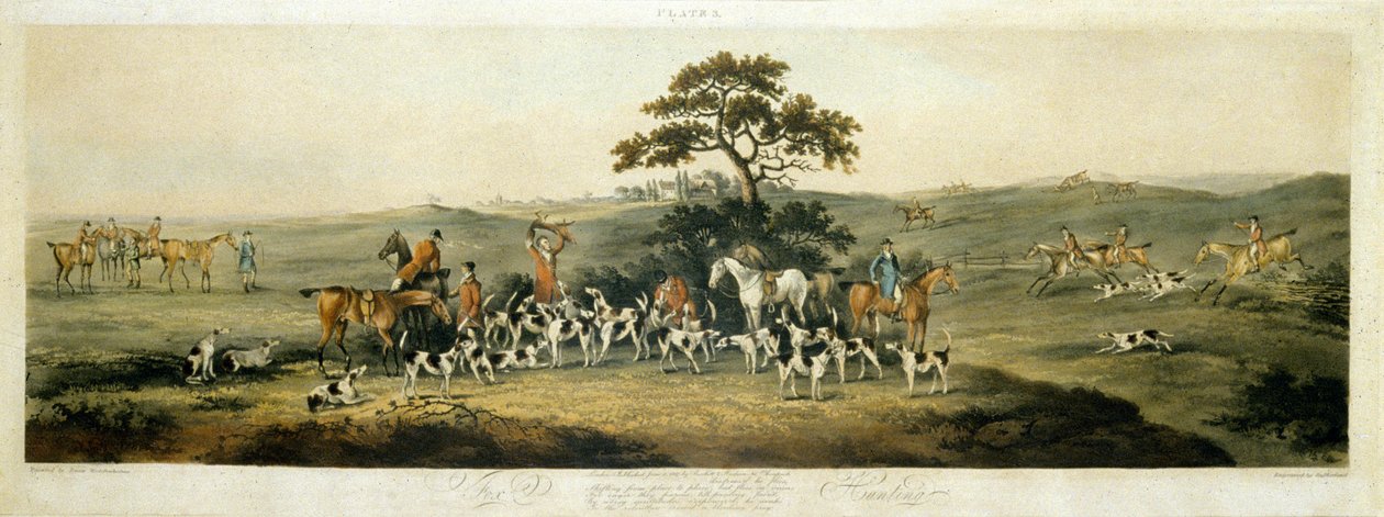 Foxhunting, plate 3, gravert av Thomas Sutherland (1785-1838) 1817 (farge litho) av Dean Snr. (after) Wolstenholme