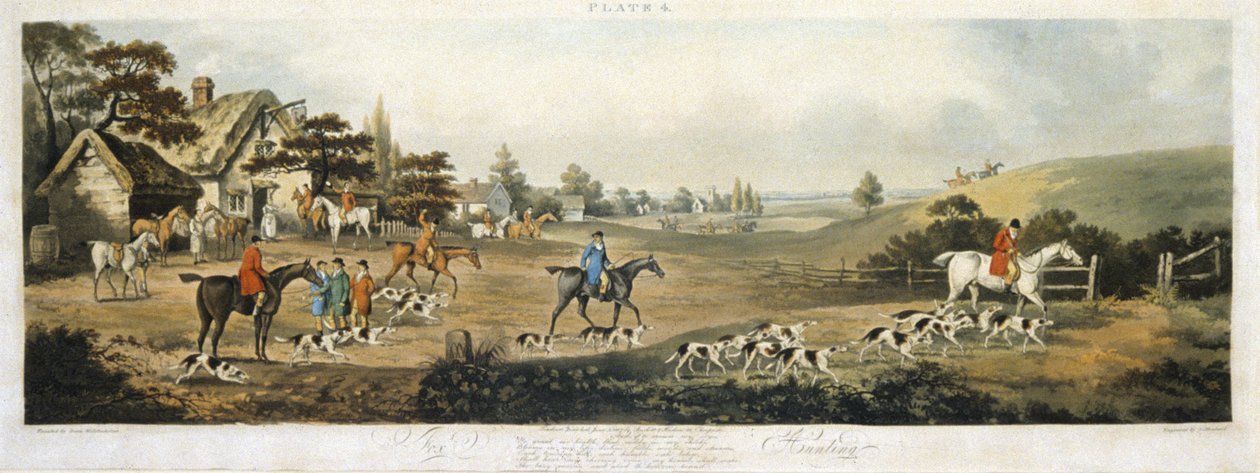 Foxhunting, plate 4, gravert av Thomas Sutherland (1785-1838) 1817 (farge litho) av Dean Snr. (after) Wolstenholme