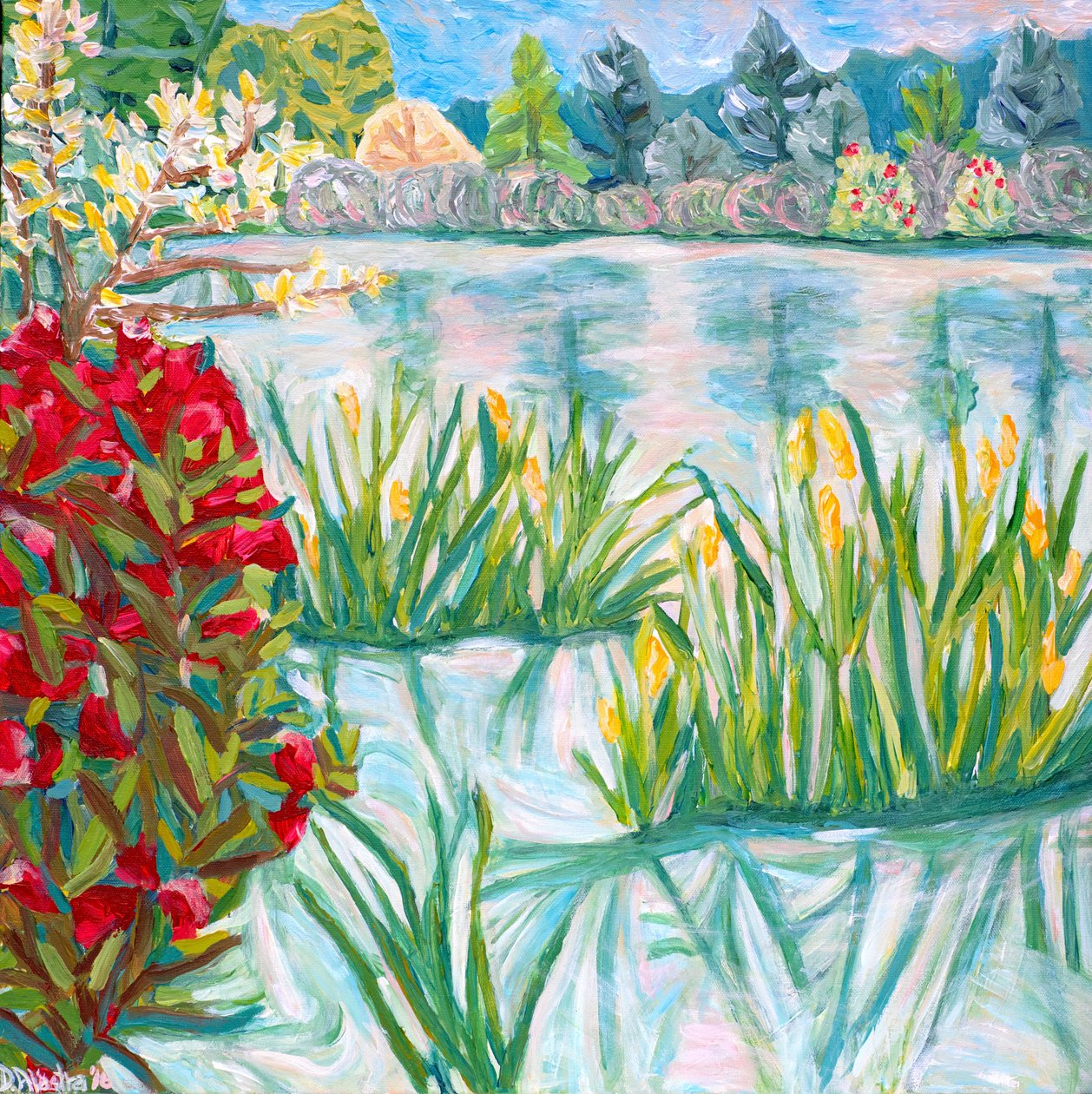 Rød Rhodie, 2015 (akryl på lerret) av Deborah Eve Alastra