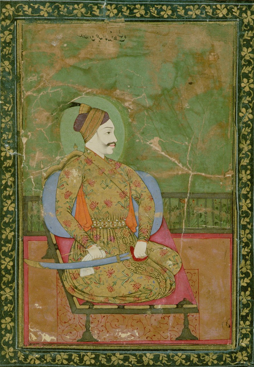 58.2025A Portrett av Sultan Abdullah Qutb Shah sittende, Golconda, 1670, (gouache på papir med gull- og blomstergullmønstret kant) av Deccani School