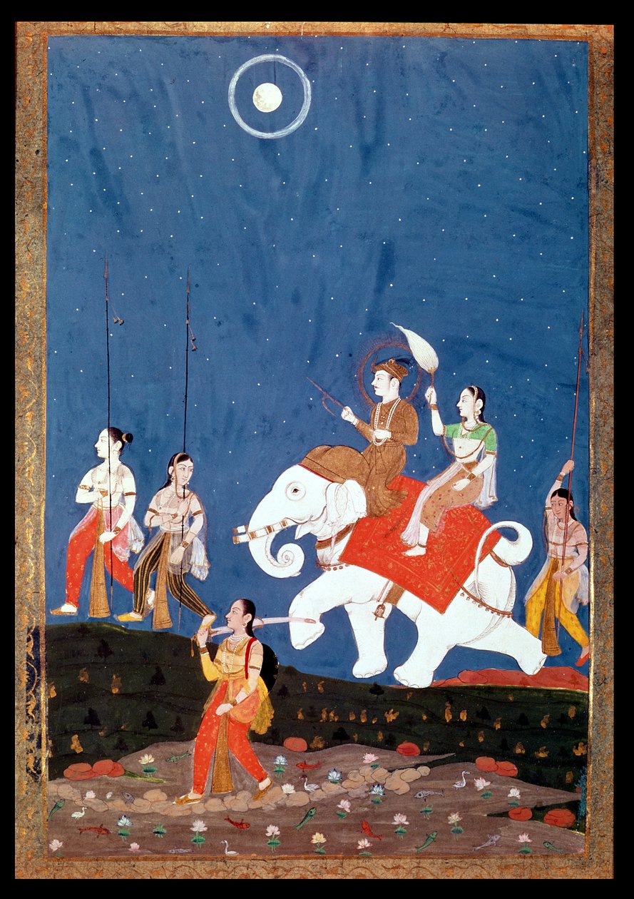 En indisk prins på en hvit elefant, illustrasjon av den musikalske modusen Deepak Raga, tidlig på 1800-tallet av Deccani School
