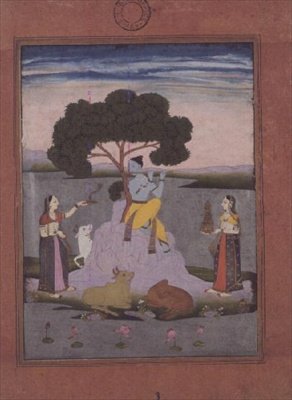 BL katt. nr.428, fra et Johnson Album nr. 20 element 3, Krishna spiller for to gopis, Hyderabad, ca. 1770 (gouache med gull, rosa-tonet kant) av Deccani School