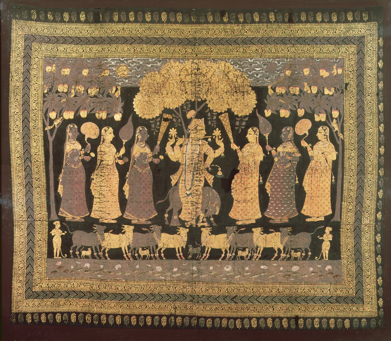 Krishna and his Gopis (opaque watercolor, gold, and silver on dyed cotton) av Deccani School