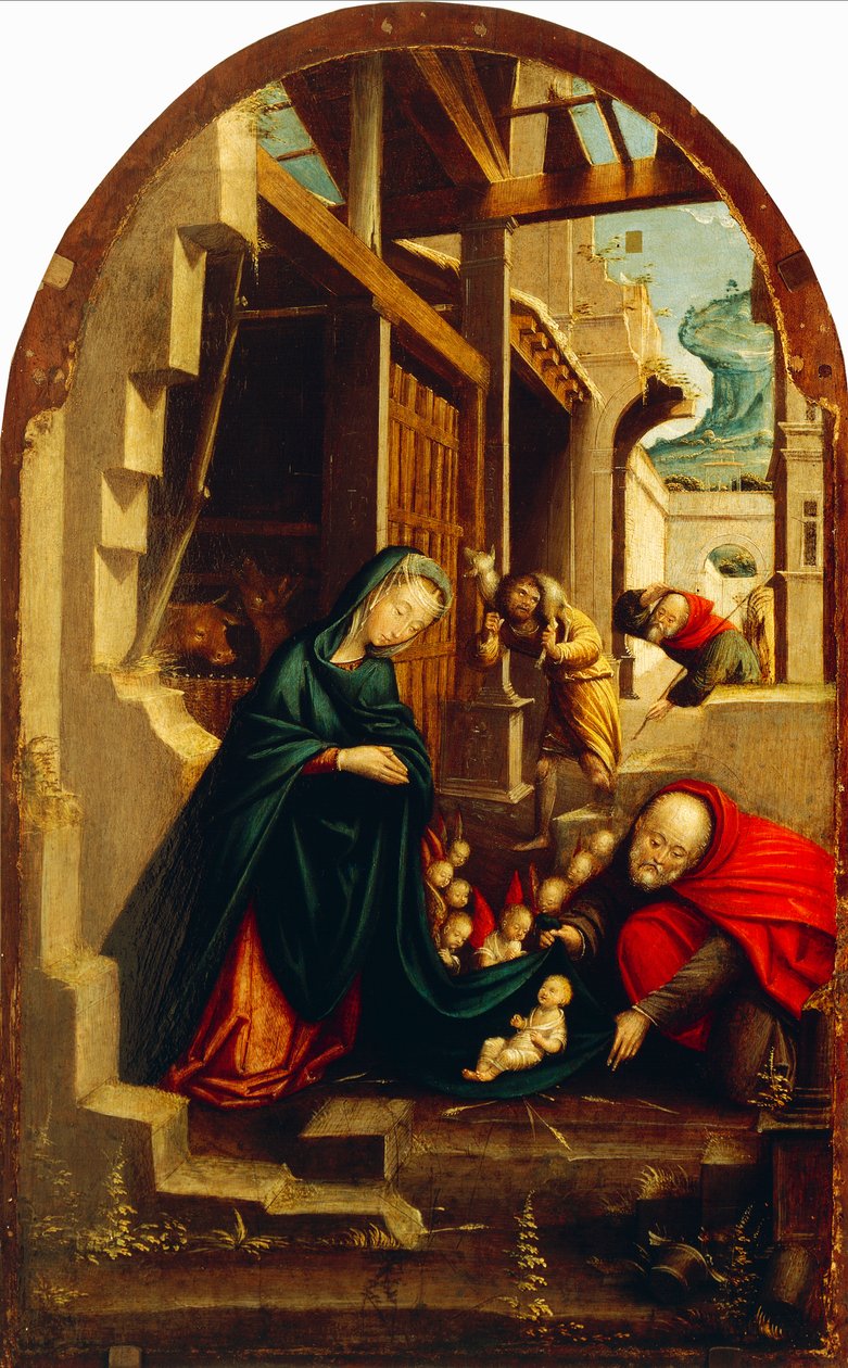 Fødsel med tilbedende engler og hyrder, av Defendente Ferrari (aktiv rundt 1500-1535) av Defendente Ferrari