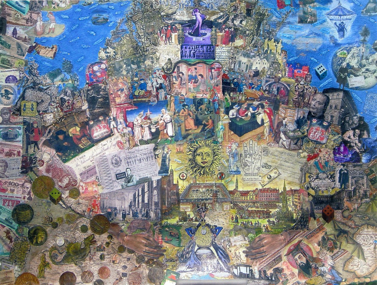 Death of Credit, 2010 (collage og blandede medier på lerret) av Deirdre Kelly