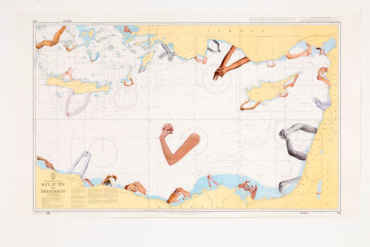 Protected Waters, 2016 (kollasje på sjøkart) av Deirdre Kelly