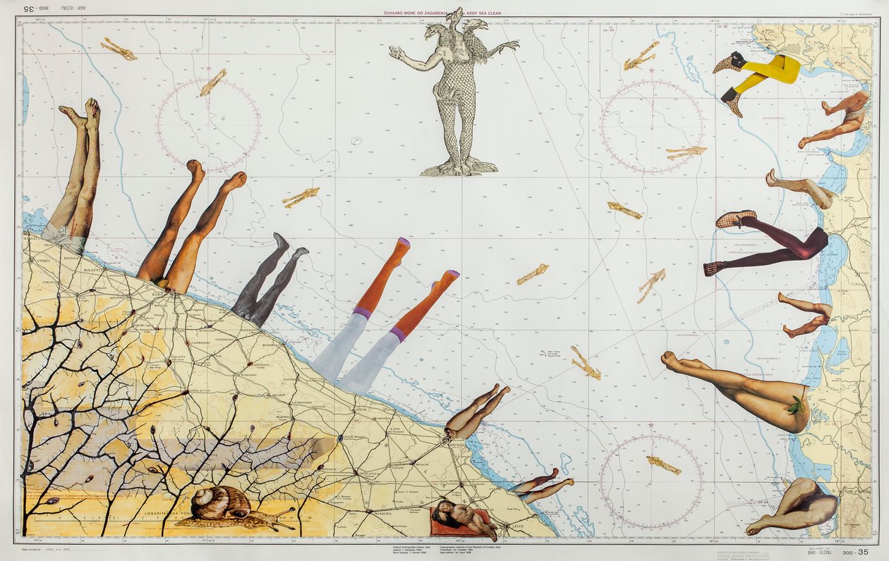 Sea Legs, 2016 (kollasje på sjøkart) av Deirdre Kelly