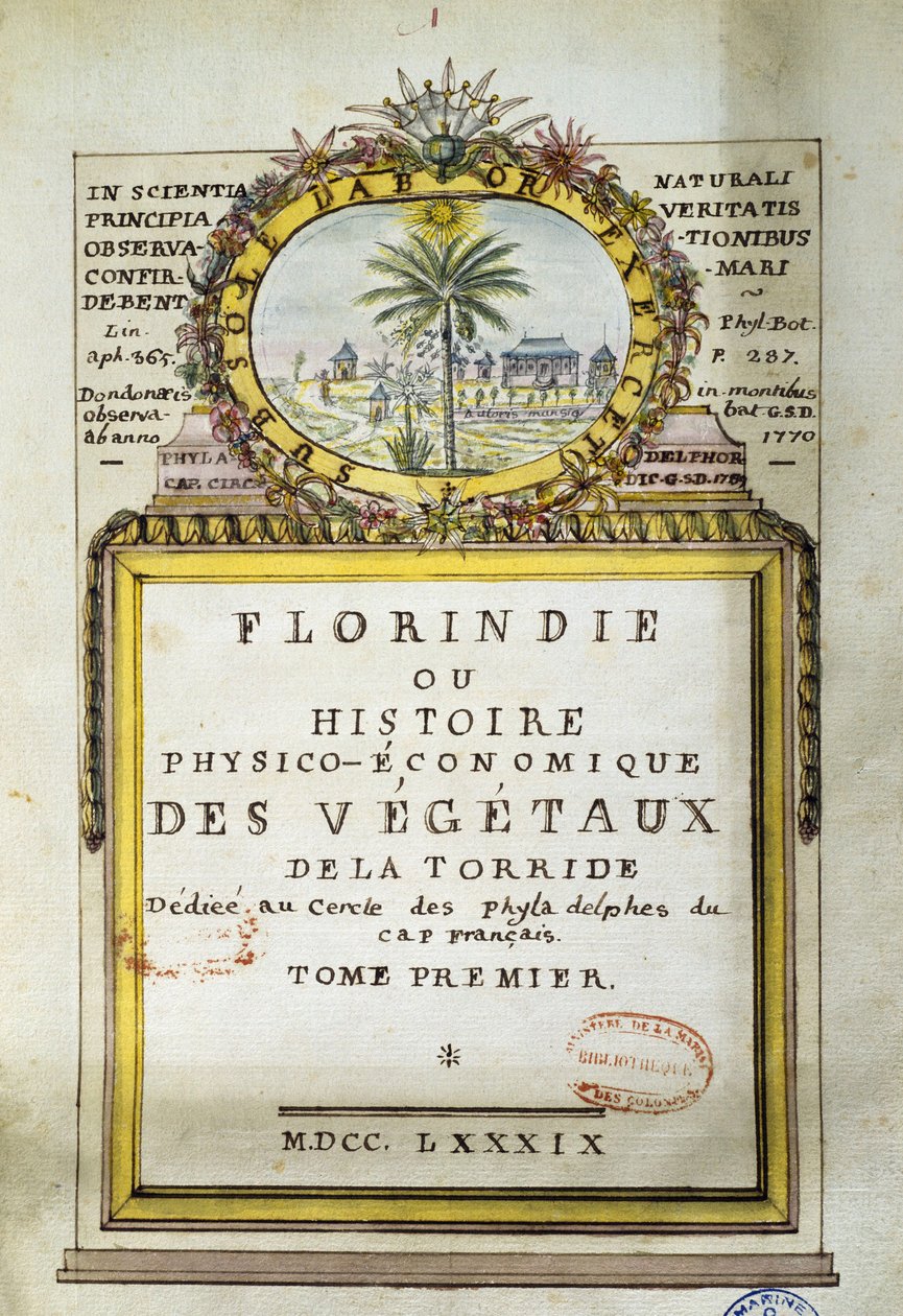 Frontispice av Florindie eller fysisk-økonomisk historie til plantene i Torride av Delahaye Delahaye