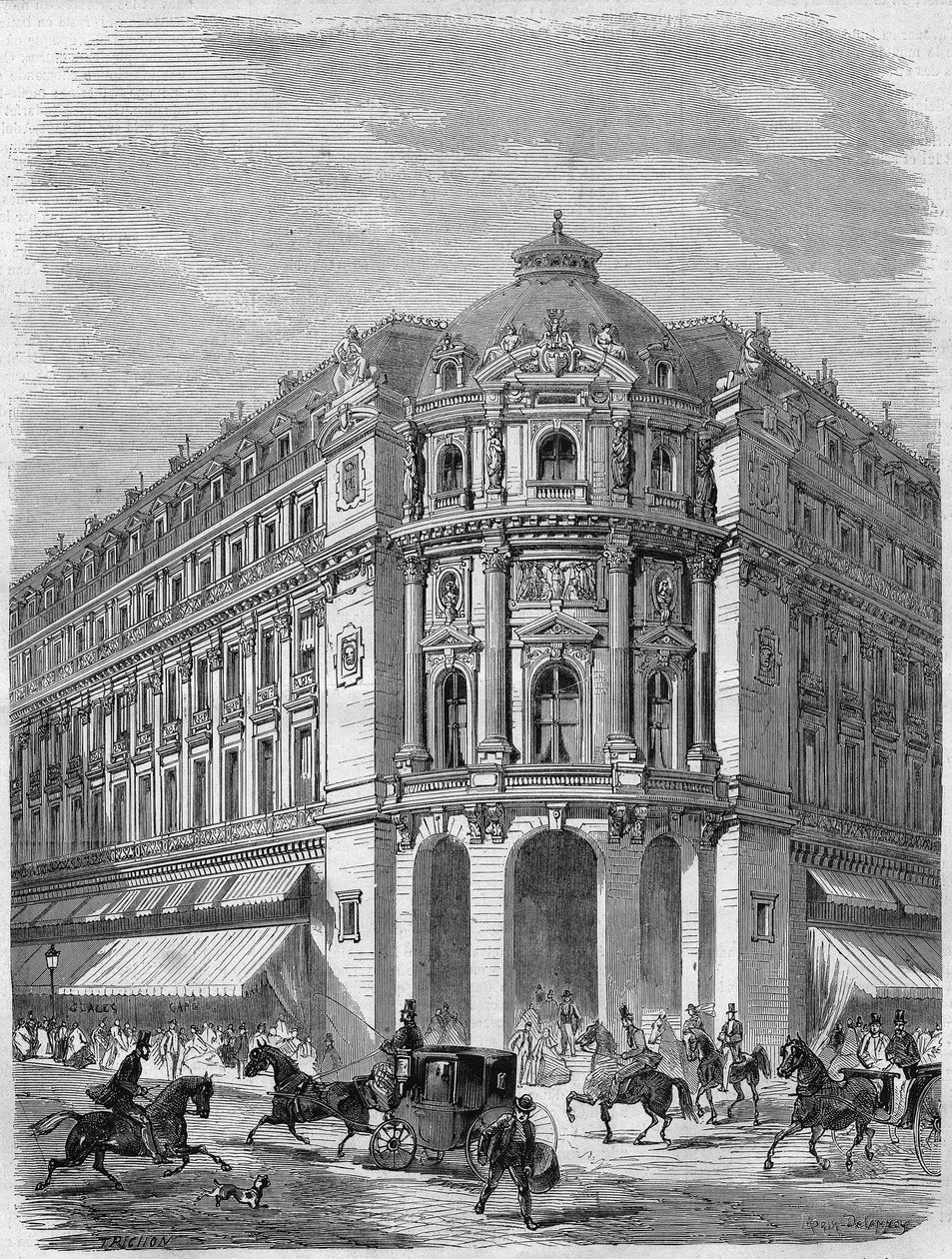 Prosjekt av fasaden til det nye teatret i Vaudeville på hjørnet av Boulevard des Capucines og Rue de la Chaussée-d