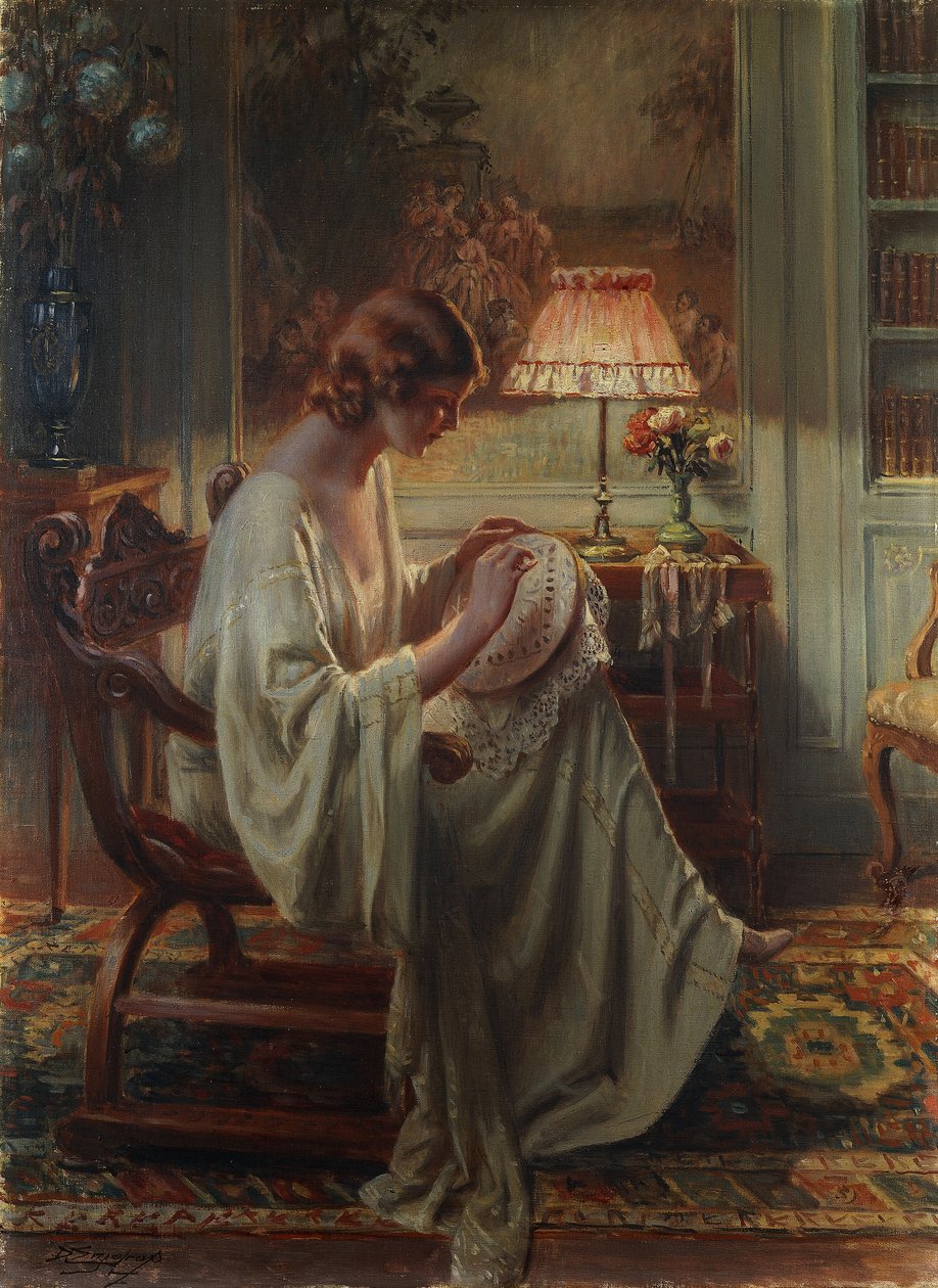 En dame som syr i et interiør av Delphin Enjolras