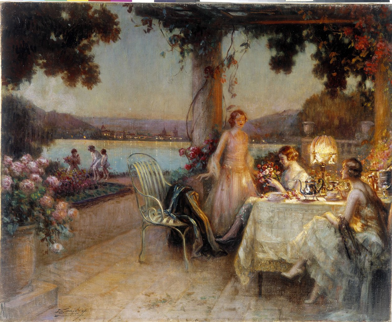 Om kvelden på terrassen. Maleri av Delphin Enjolras (1857-1945), Obligatorisk omtale: Samlingsstiftelsen angår de Provence. Marseille (cm 57x73) DR av Delphin Enjolras