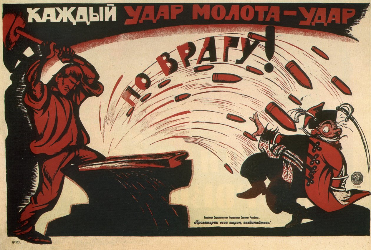 Hvert hammerslag er et slag mot fienden! Plakat, 1920 av Deni