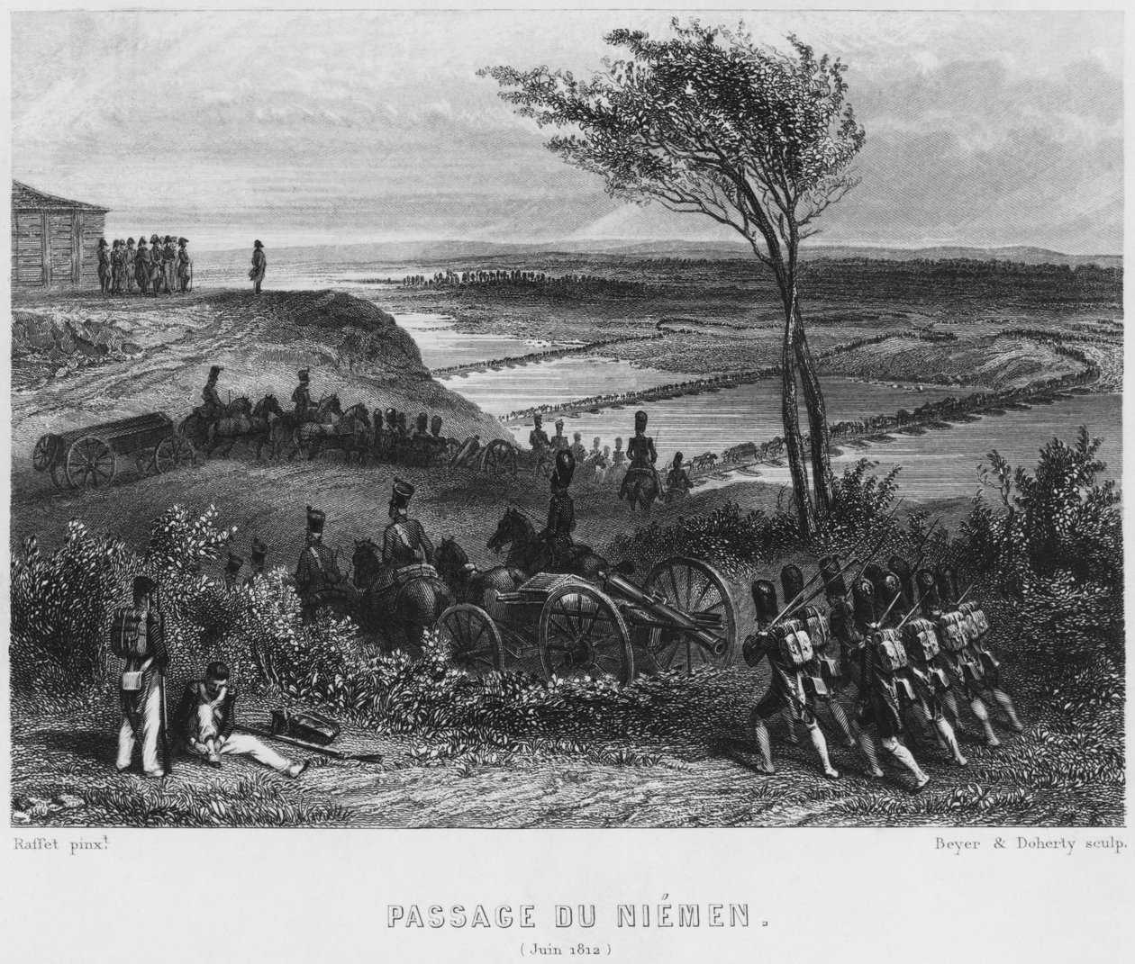 Krysser elven Niemen i juni 1812, gravert av Beyer og Doherty av Denis Auguste Marie Raffet