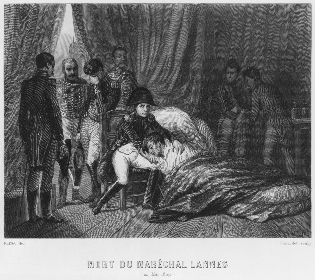 De siste øyeblikkene til marskalk Lannes, hertugen av Montebello, i slaget ved Essling 22. mai 1809, gravert av Abraham Girardet (1764-1823) av Denis Auguste Marie Raffet
