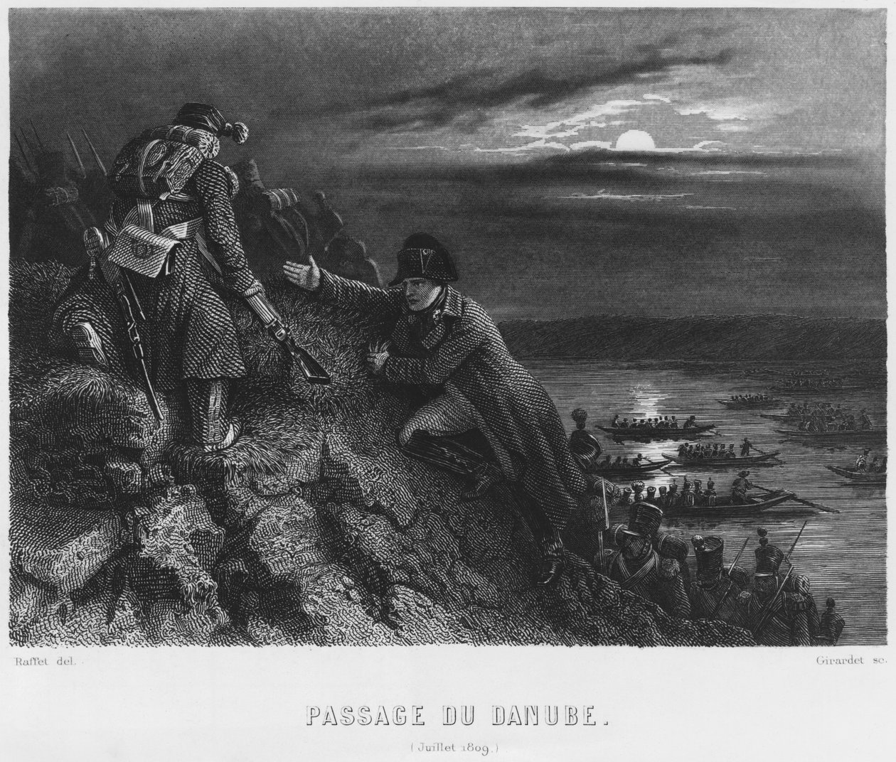 Napoleon I Bonaparte (1769-1821) krysser elven Donau natten til 4. juli 1809, gravert av Abraham Girardet (1764-1823) av Denis Auguste Marie Raffet