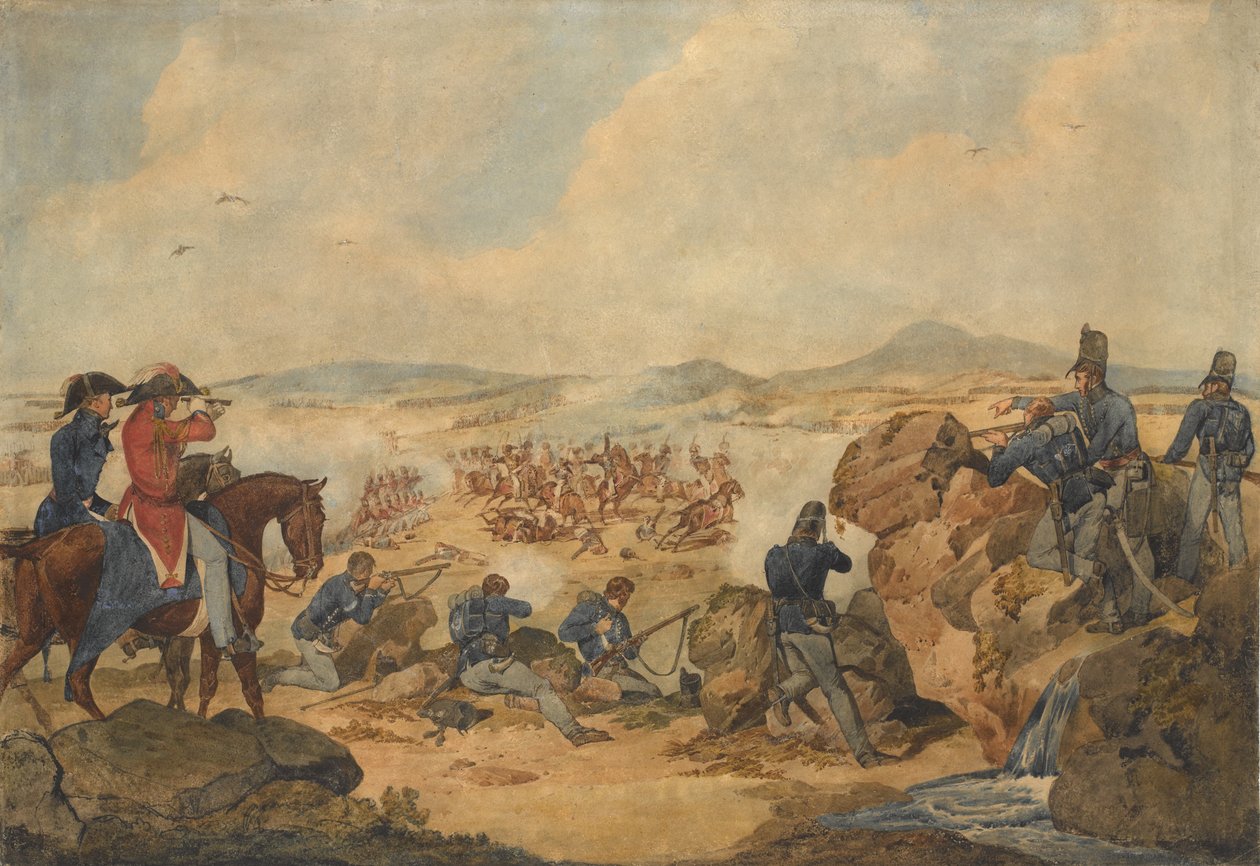 En aksjon under halvøykrigen, med geværmenn fra 95. (rifle) regiment som snikskyttere, ca. 1810 av Denis Dighton