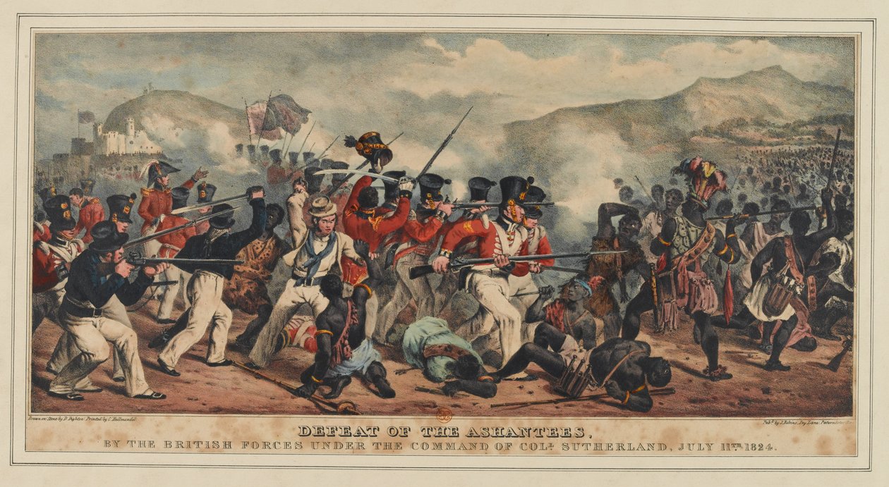 Ashantees nederlag av de britiske styrkene under kommando av oberst Sutherland, 11. juli 1824, utgitt av J. Ronis, 1825 av Denis Dighton