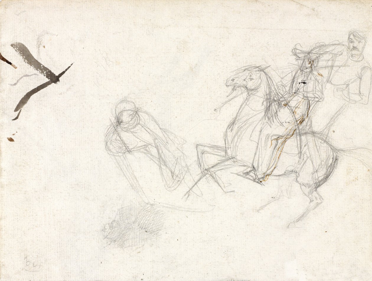 Studier for figuren til sersjant Ewart, Scots Greys, for maleriet som viser hans fangst av den franske ørnen i slaget ved Waterloo, 1815, ca. 1817 (blyant og blekk på papir) av Denis Dighton