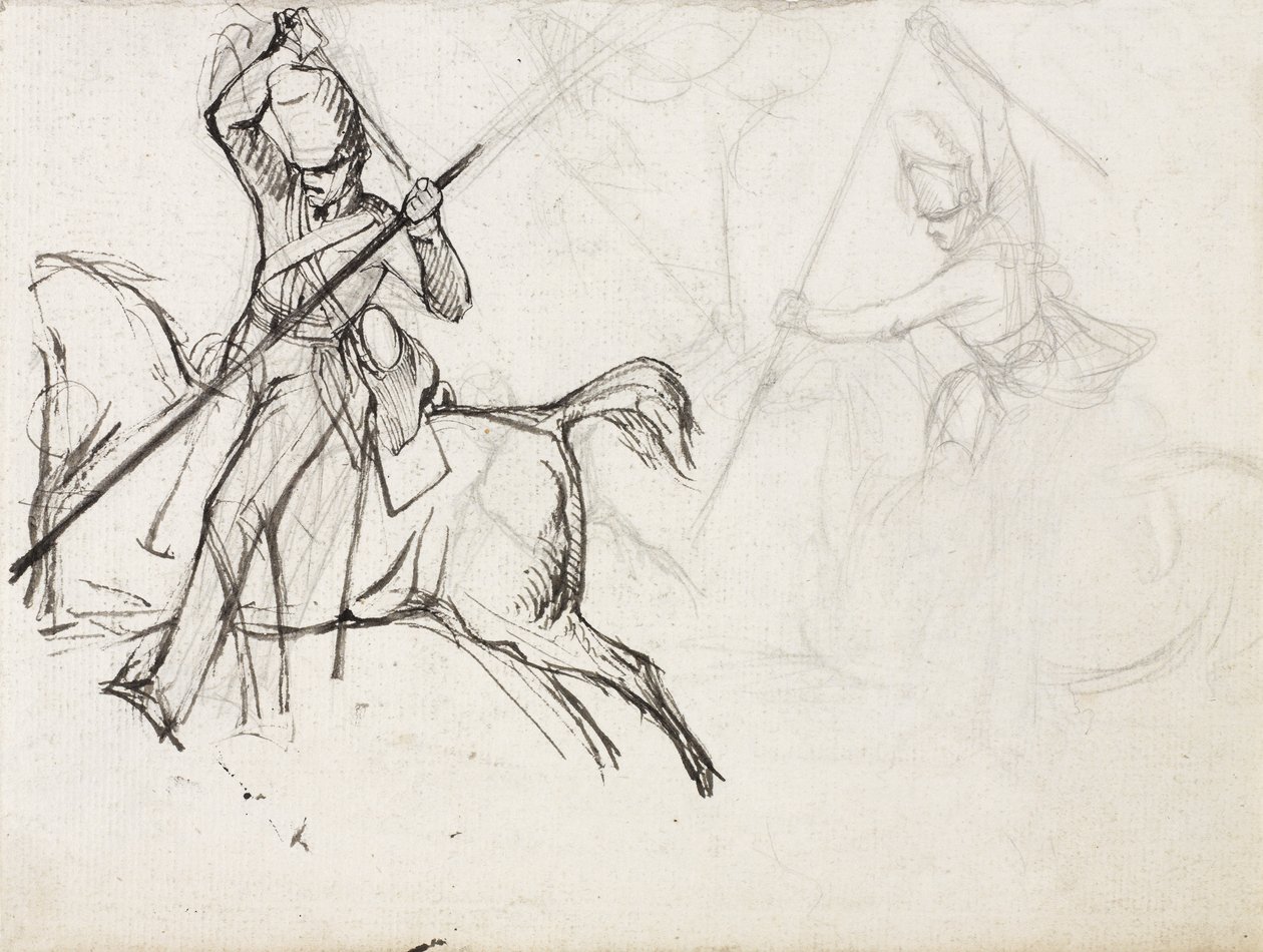 Studier for figuren til sersjant Ewart, Scots Greys, for maleriet som viser hans fangst av den franske ørnen i slaget ved Waterloo, 1815, ca. 1817 (blyant og blekk på papir) av Denis Dighton