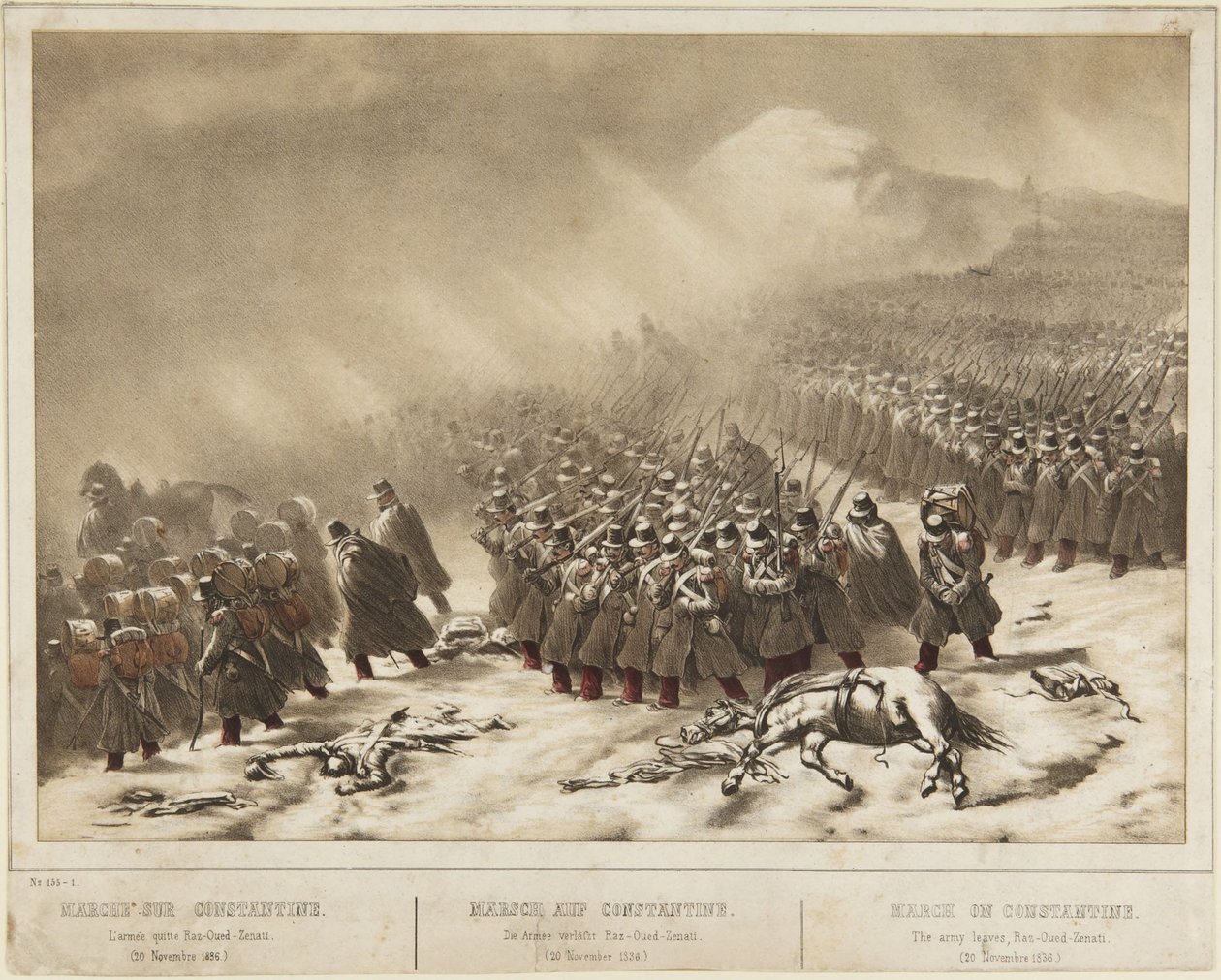Marsjen mot Constantine: hæren forlater Ras Oued Zenati (20. november 1836) av Denis-Auguste-Marie Raffet