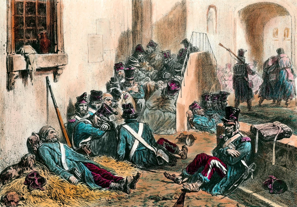 Tyfus under Napoleonskrigene Soldater fra den franske hæren lider av feber forårsaket av sykdom. Gravering av Denis Auguste Raffet (1804-1860) 1800-tallet. Privat samling av Denis Auguste Marie Raffet