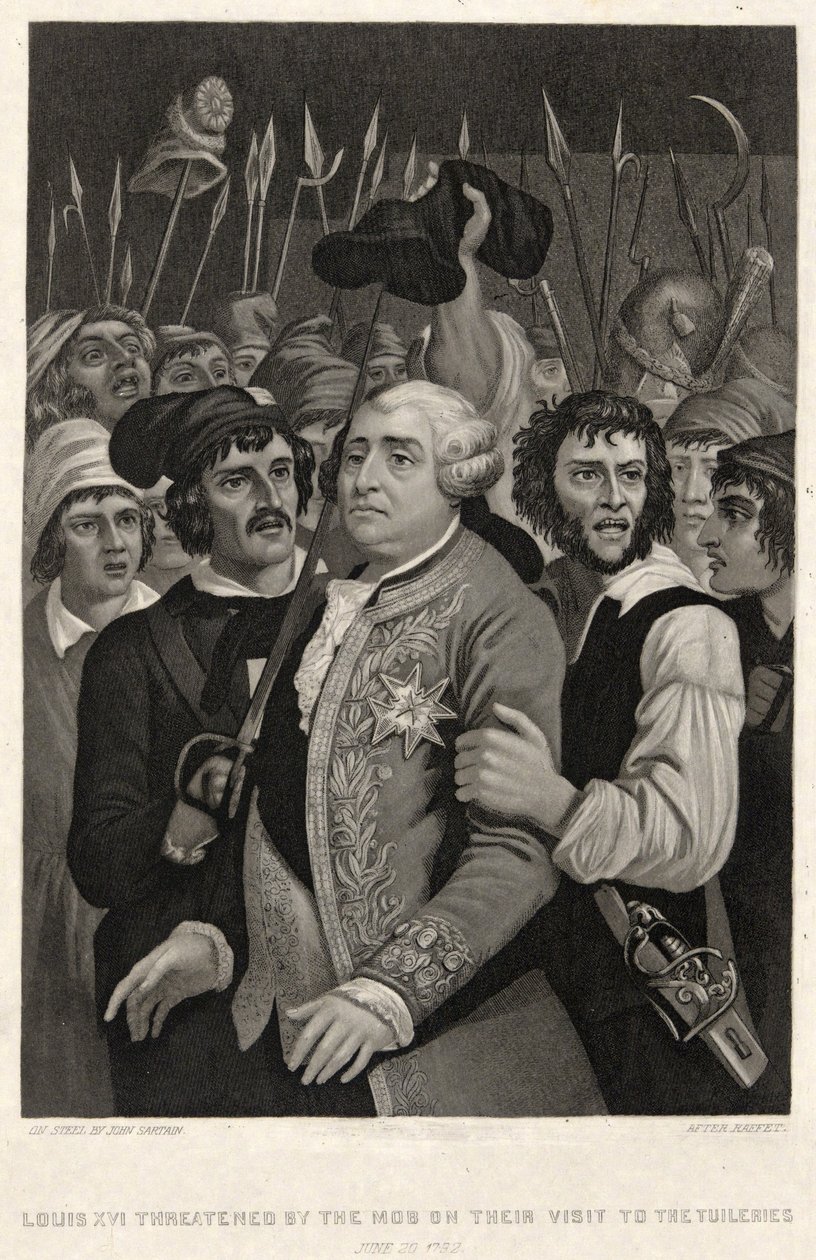 Ludvig XVI truet av mobben under deres besøk i Tuileriene, 20. juni 1792, gravert av John Sartain (gravering) av Denis Auguste Marie (after) Raffet