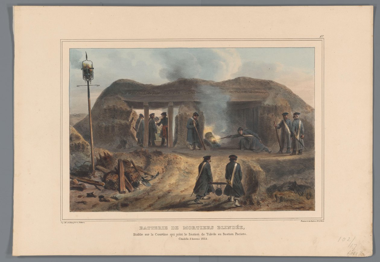 Afschieten van en morter, 1832 Batteri av pansrede mørtler, etablert på Courtine som forbinder Bastion of Toledo med Bastion Pacioto (tittel på objekt) Tegninger laget av livet ved beleiringen av Citadel of Antwerpen av Raffet (serietittel på objekt) av Denis Auguste Marie Raffet