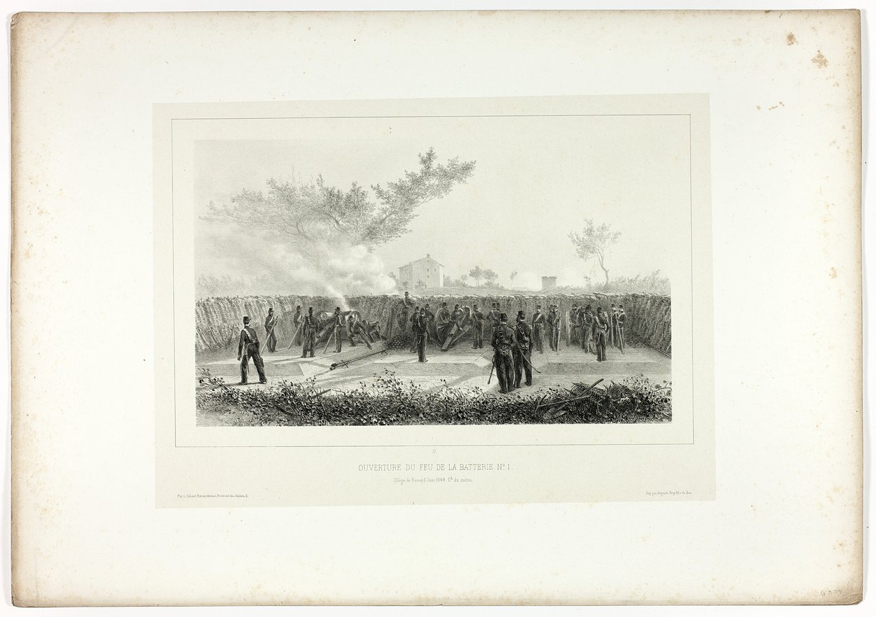 Batteri nr. 1 åpner ild, fra Souvenirs of Italy: Rome Expedition av Denis Auguste Marie Raffet