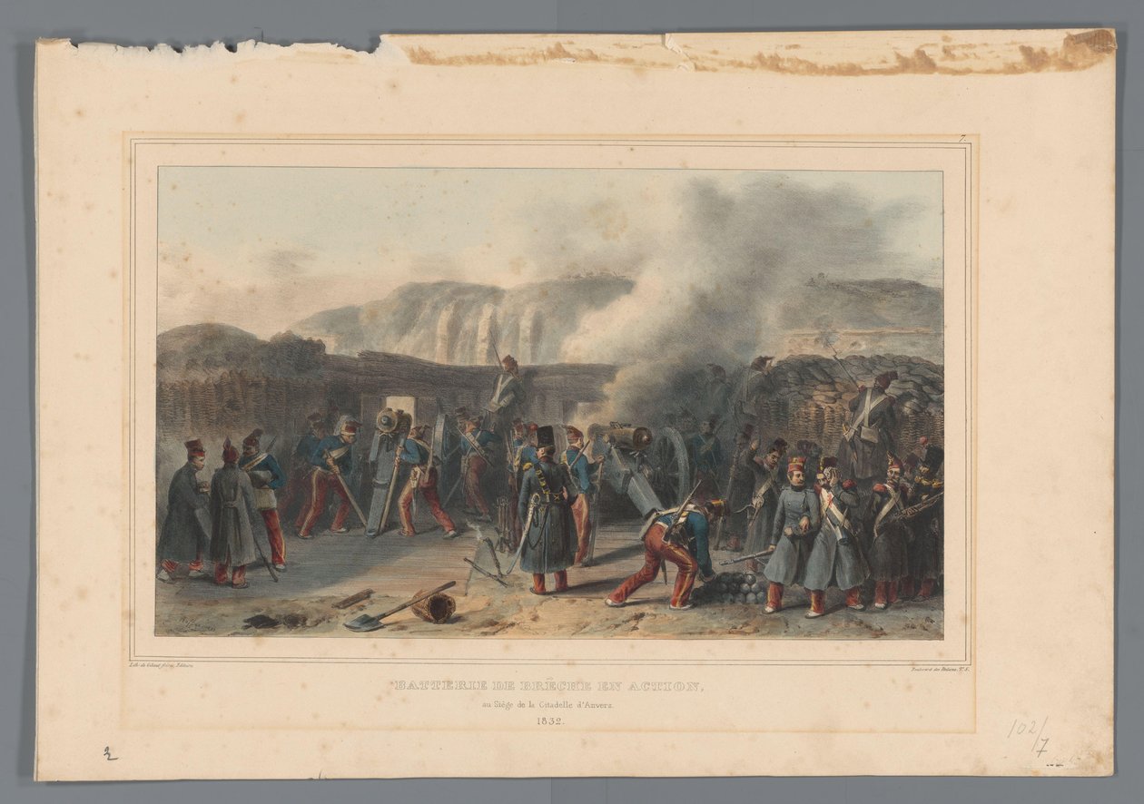 Beschieting van de Citadel, 1832 Batteribrudd i aksjon (tittel på objekt) Tegninger laget av livet ved beleiringen av Citadel of Antwerpen av Raffet (serietittel på objekt) av Denis Auguste Marie Raffet