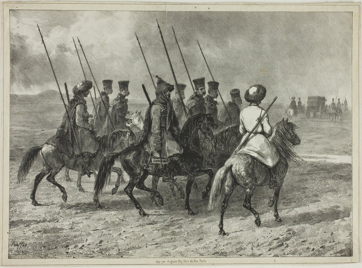 Kosakkeskorte til grensen til Kuban, Taman (Sentral-Russland), 11. oktober 1837 av Denis Auguste Marie Raffet