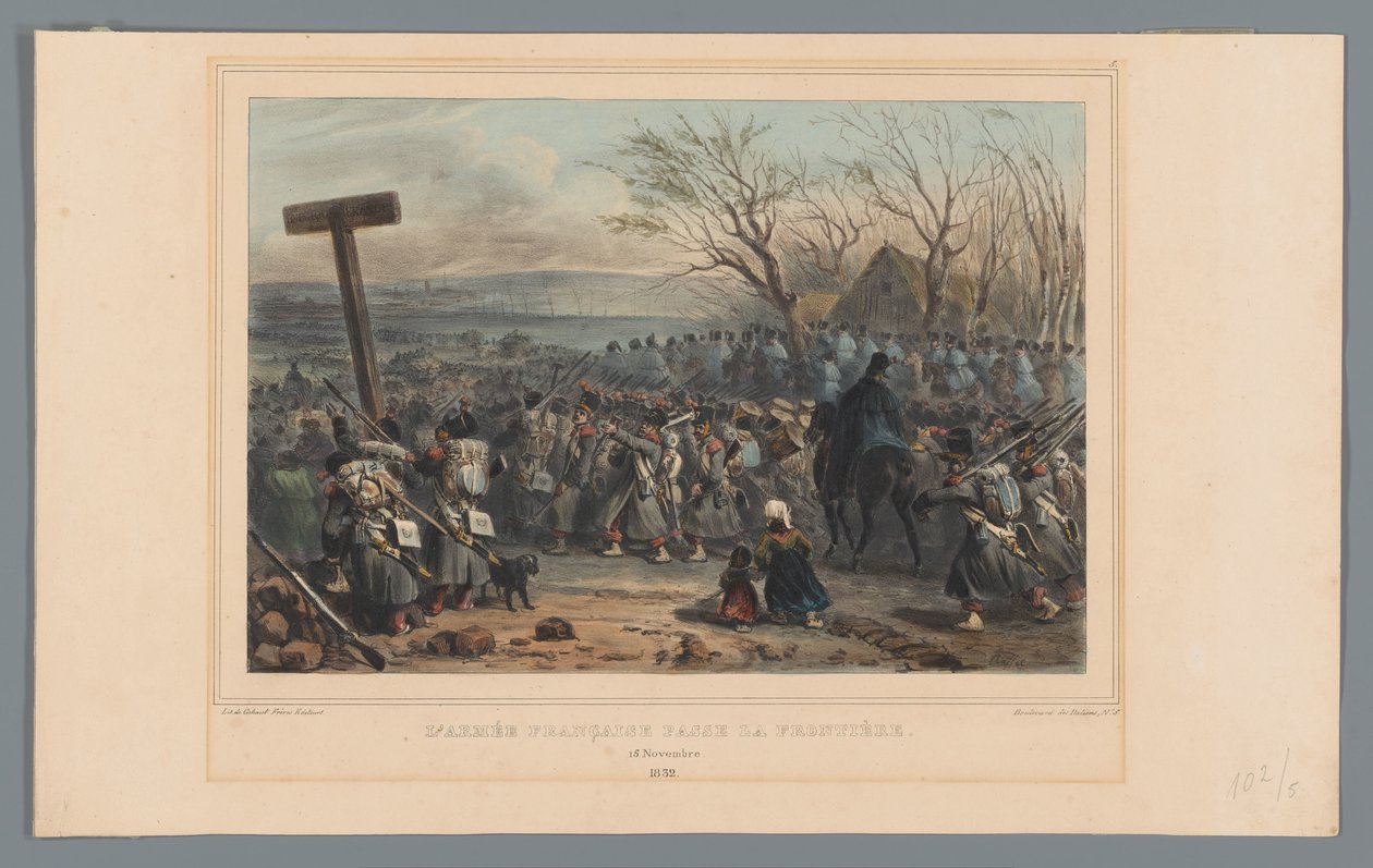 Fransk leger rukt op, 1832 Den franske hæren krysser grensen (tittel på objekt) Tegninger laget av livet ved beleiringen av Citadel of Antwerpen av Raffet (serietittel på objekt) av Denis Auguste Marie Raffet