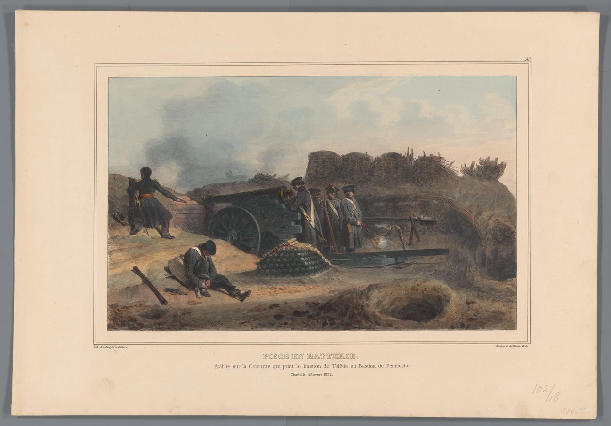 Geschut i aksjon, 1832 Piece in battery, etablert på Courtine som forbinder Bastion of Toledo med Bastion of Fernando (tittel på objekt) Tegninger laget av livet ved beleiringen av Citadel of Antwerpen av Raffet (serietittel på objekt) av Denis Auguste Marie Raffet