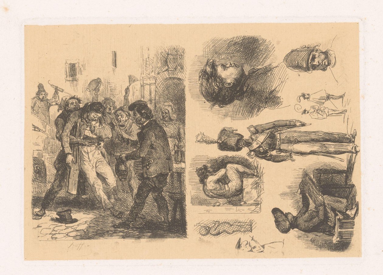 Gruppe menn, ved siden av en komposisjon inkludert en soldat croquis; Scener av revolusjonen av Denis Auguste Marie Raffet