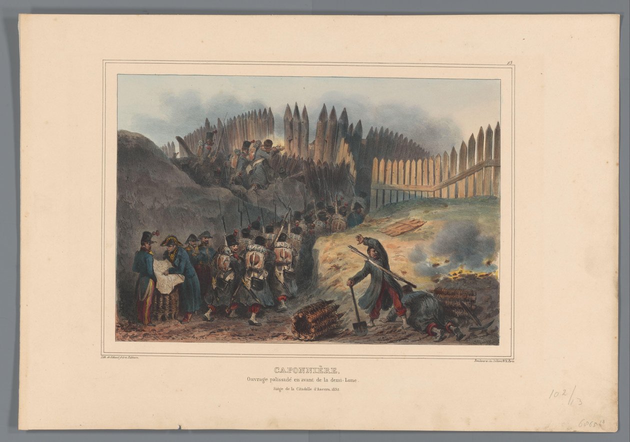 Gruppesoldat trekket dør en åpning i de palisade, 1832 Caponier, palisadet verk foran halvmånen (tittel på objekt) Tegninger laget av livet ved beleiringen av Citadel of Antwerpen av Raffet (serietittel på objekt) av Denis Auguste Marie Raffet