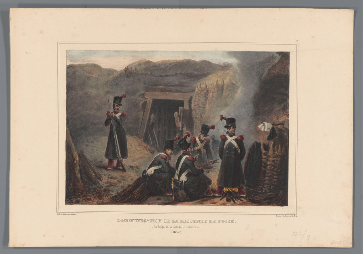 Militairen bij een mijngang, 1832 Kommunikasjon av grøftenedstigningen (tittel på objekt) Tegninger laget fra naturen ved beleiringen av Citadel of Antwerpen av Raffet (serietittel på objekt) av Denis Auguste Marie Raffet