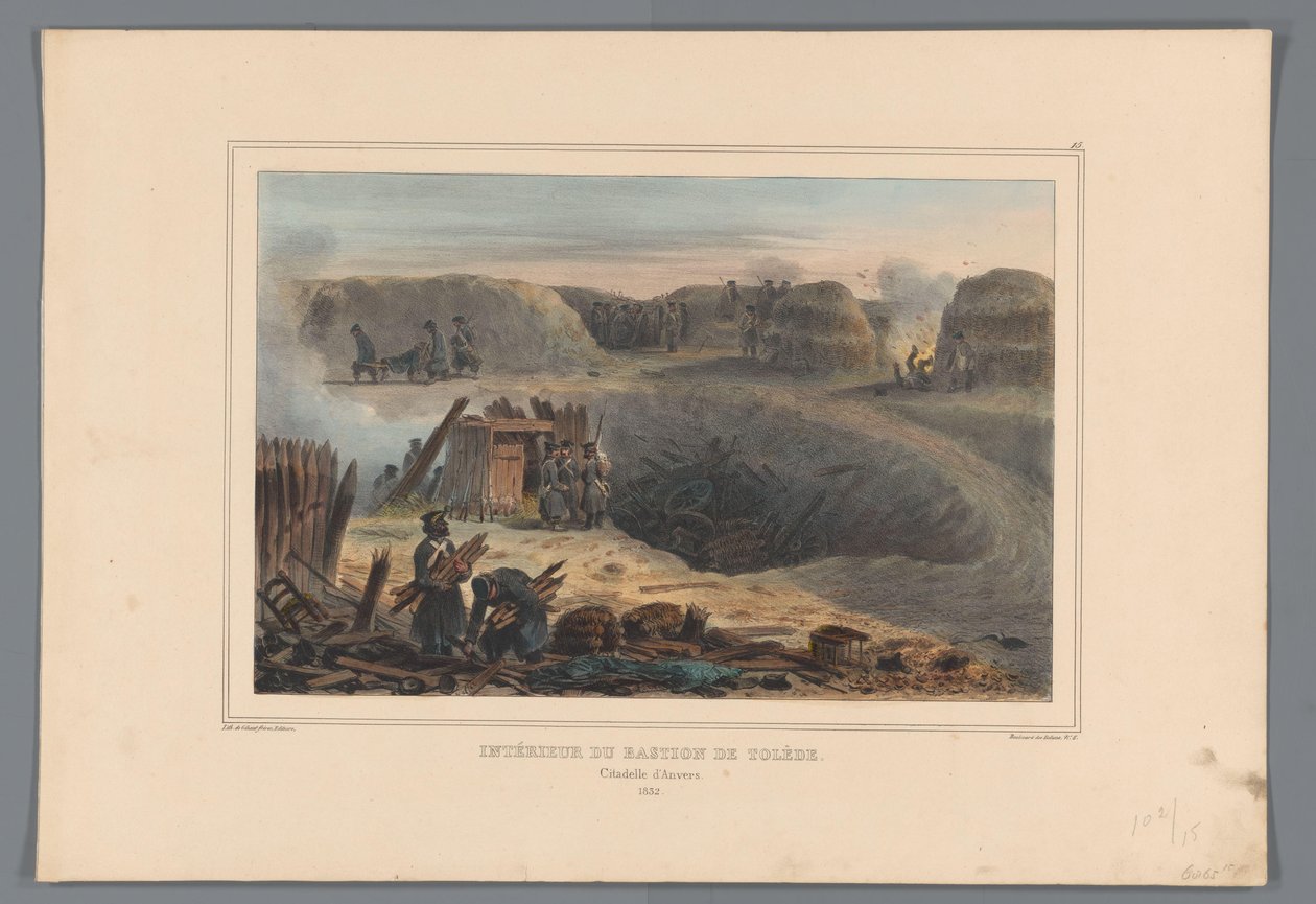 Militairten binnen en bastion, 1832 Interiør av Bastion of Toledo (tittel på objekt) Tegninger laget av livet ved beleiringen av Citadel of Antwerpen av Raffet (serietittel på objekt) av Denis Auguste Marie Raffet