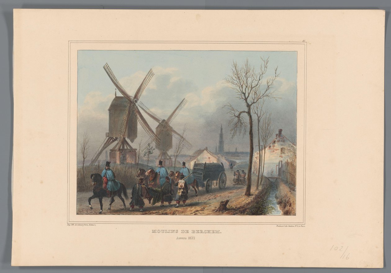 Molens van Berchem, 1832 Vindmøller i Berchem (tittel på objekt) Tegninger laget av naturen ved beleiringen av Citadel of Antwerpen av Raffet (serietittel på objekt) av Denis Auguste Marie Raffet
