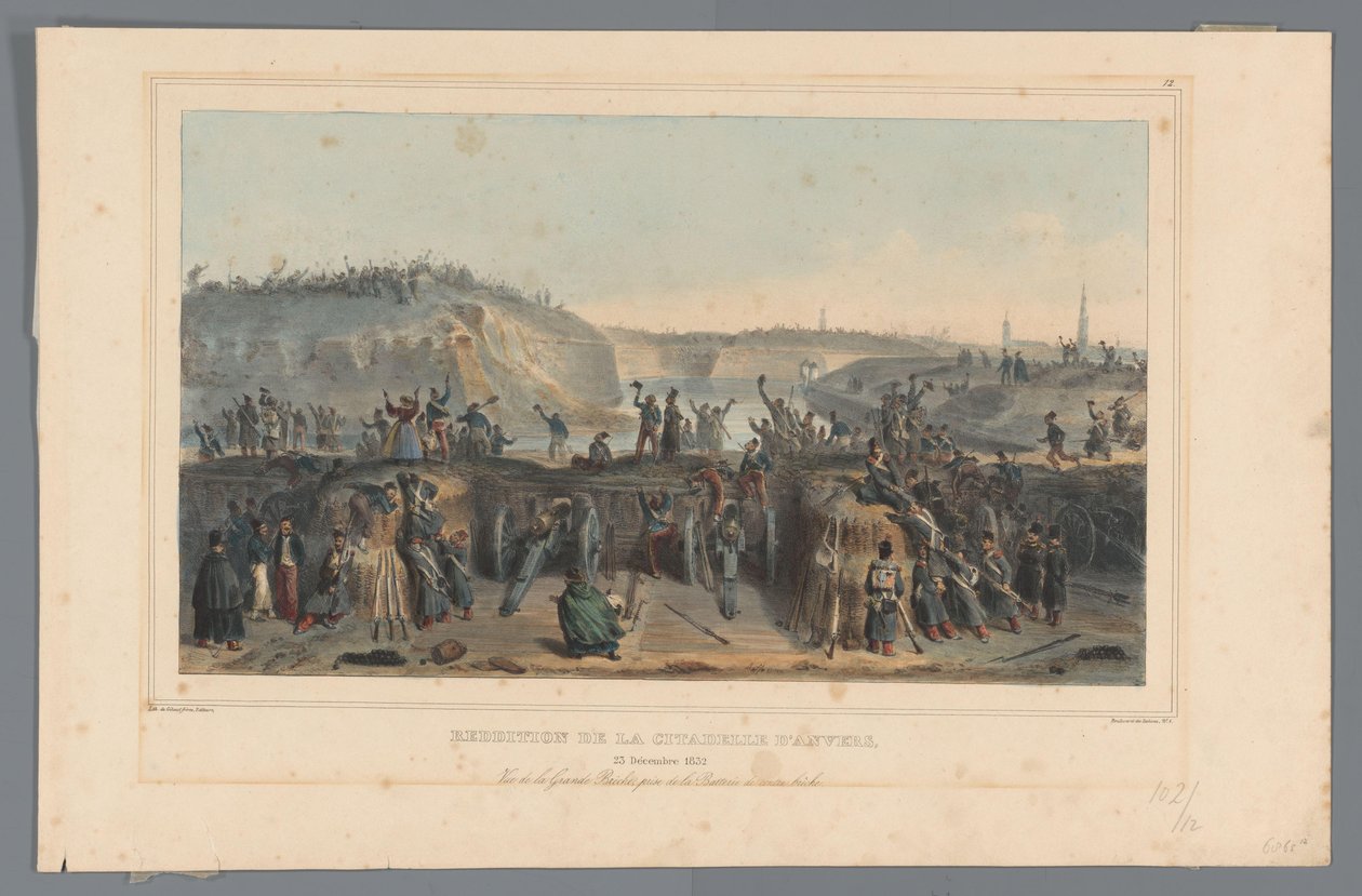 Overgave van de Citadel van Antwerpen, 1832 Overgivelse av Citadel of Antwerpen (tittel på objekt) Tegninger laget av livet ved beleiringen av Citadel of Antwerpen av Raffet (serietittel på objekt) av Denis Auguste Marie Raffet