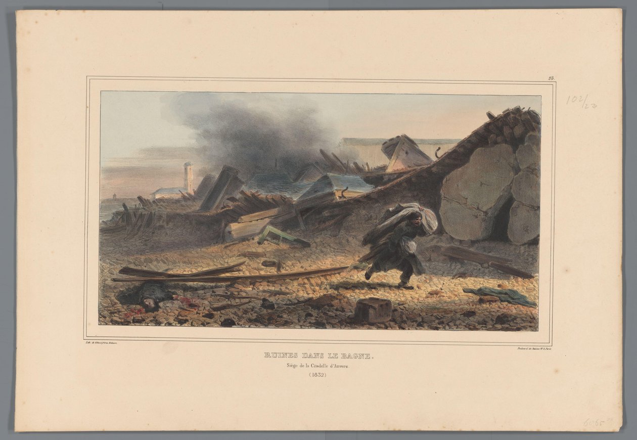 Ruiner, 1832 Ruiner i Bagne (tittel på objekt) Tegninger laget av livet ved beleiringen av Citadel of Antwerpen av Raffet (serietittel på objekt) av Denis Auguste Marie Raffet
