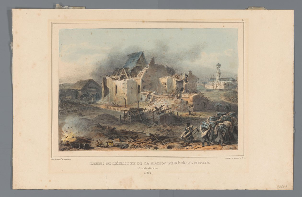 Ruïnes van de kerk in het huis van generaal Chassé, 1832 Ruinene av kirken og huset til general Chassé (tittel på objekt) Tegninger laget av livet ved beleiringen av Citadel of Antwerpen av Raffet (serietittel på objekt) av Denis Auguste Marie Raffet