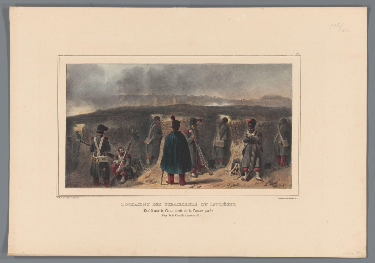 Schutters kjøper borstwering, 1832 Huset til trefningene til det 19. lyset (tittel på objekt) Tegninger laget av livet ved hovedkvarteret til Citadel of Antwerpen av Raffet (tittel på objekt) av Denis Auguste Marie Raffet